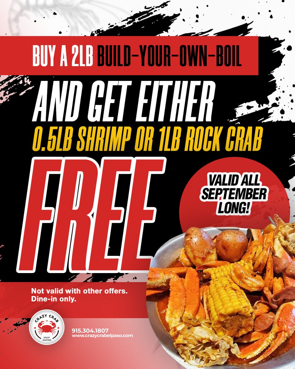 Crazycrab_tx's tweet photo. Our NEW promotion was made for all you crab and shrimp lovers! 🚨

Enjoy a FREE 1LB Rock Crab order or 1/2LB Headless Shrimp order when you buy any 2LB Build Your Own Boil Bag.

Available for a limited time only. Hurry in and indulge while you still can!
–
#ElPaso #Texas #TX https://t.co/N3Lap81DdE