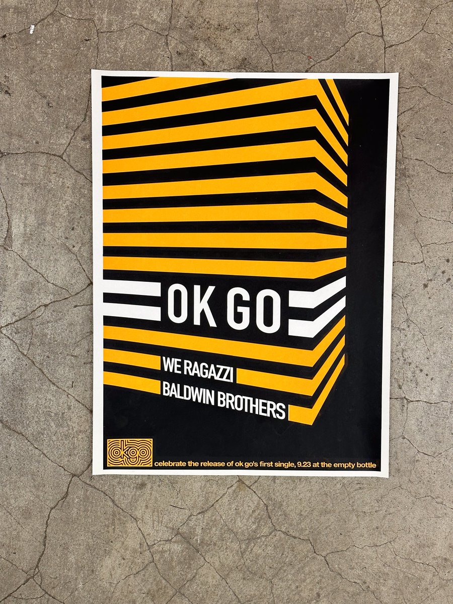 okgo's tweet photo. Our first ever LP came out 24 years ago today. To celebrate, we dove into the archives and found some posters for shows we played at the Empty Bottle  and Metro Chicago around that time. We silk-screened them with the help of Susannah Strang and wheat-pasted them all over Chicago with a little help from Steve Art. We're glad the word got out.