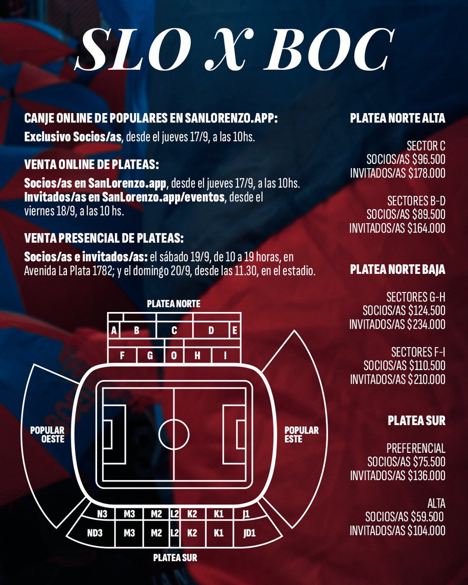 SanLorenzo's tweet photo. 🏟️ Venta de entradas 🆚 Boca

#SanLorenzo juega el clásico este domingo a las 14.45, en el Pedro Bidegain, por la décima fecha del Clausura. ¡Te esperamos en casa!

BONO OPTATIVO PARA ABONADOS/AS Y SOCIOS/AS
Tendrá un valor de $15.000 para plateas y $10.000 para populares. Se podrá adquirir en https://t.co/wbsHXFLBrS una vez activa la venta de entradas. Por su parte, los no-socios que compren entradas como invitados deberán abonar el bono de manera obligatoria y estará incluido en el precio de la entrada.

CANJE ONLINE DE POPULARES:
Es exclusivo para socios/as. Se habilitará el JUEVES a las 10 horas en https://t.co/wbsHXFLBrS

VENTA ONLINE DE PLATEAS:
👉 Socios/as: desde el JUEVES a las 10 horas, en https://t.co/wbsHXFLBrS
👉 Invitados/as: desde el VIERNES a las 10 horas, en https://t.co/VRyo3hYDqy

VENTA PRESENCIAL DE PLATEAS:
Socios/as e invitados/as: en caso de existir un remanente, el sábado de 10 a 19 horas en Avenida La Plata 1782 y el domingo en el estadio desde las 11.30.

💻 Más info, en https://t.co/a3TZly3AKj