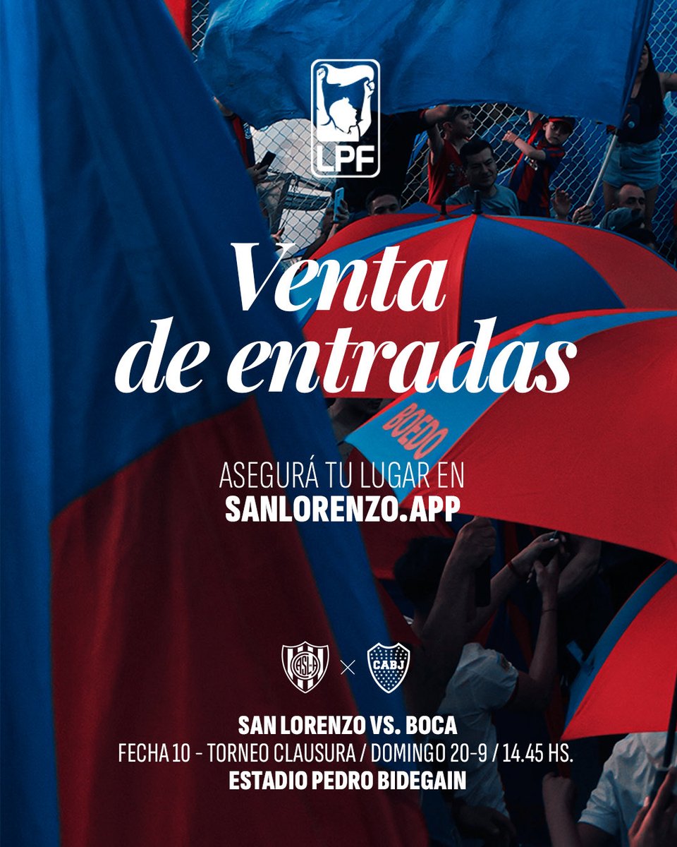SanLorenzo's tweet photo. 🏟️ Venta de entradas 🆚 Boca

#SanLorenzo juega el clásico este domingo a las 14.45, en el Pedro Bidegain, por la décima fecha del Clausura. ¡Te esperamos en casa!

BONO OPTATIVO PARA ABONADOS/AS Y SOCIOS/AS
Tendrá un valor de $15.000 para plateas y $10.000 para populares. Se podrá adquirir en https://t.co/wbsHXFLBrS una vez activa la venta de entradas. Por su parte, los no-socios que compren entradas como invitados deberán abonar el bono de manera obligatoria y estará incluido en el precio de la entrada.

CANJE ONLINE DE POPULARES:
Es exclusivo para socios/as. Se habilitará el JUEVES a las 10 horas en https://t.co/wbsHXFLBrS

VENTA ONLINE DE PLATEAS:
👉 Socios/as: desde el JUEVES a las 10 horas, en https://t.co/wbsHXFLBrS
👉 Invitados/as: desde el VIERNES a las 10 horas, en https://t.co/VRyo3hYDqy

VENTA PRESENCIAL DE PLATEAS:
Socios/as e invitados/as: en caso de existir un remanente, el sábado de 10 a 19 horas en Avenida La Plata 1782 y el domingo en el estadio desde las 11.30.

💻 Más info, en https://t.co/a3TZly3AKj