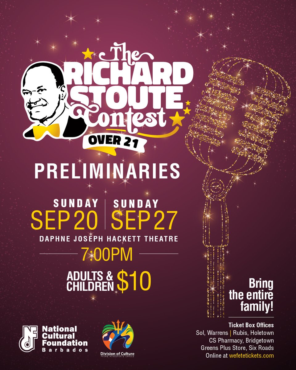 NCFBarbados's tweet photo. Now it’s time for the Over 21s 🎤🌟 The Richard Stoute Contest continues with two nights of Preliminary competition for the Over 21 category on Sunday, September 20 and Sunday, September 27.

Tickets are available from the official box offices or online at https://t.co/YVyQ1HTO9u https://t.co/vlKEx1sLUl