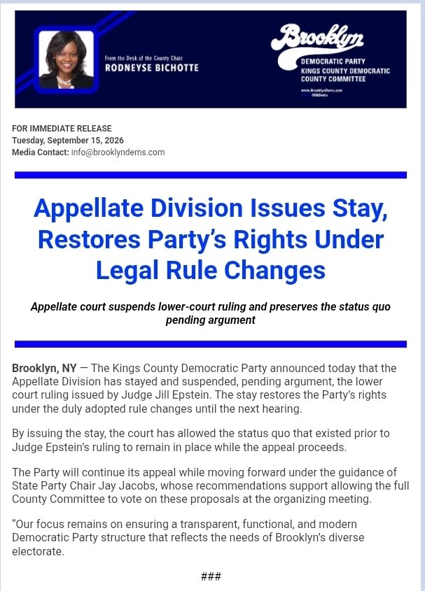 bkdems's tweet photo. The Appellate Division stayed Judge Epstein’s ruling and restored the Party’s rights. The court kept the status quo and refused to let our organization be disrupted. READ
⤵️
https://t.co/TaAs73OSYn https://t.co/6tztA6DqMc