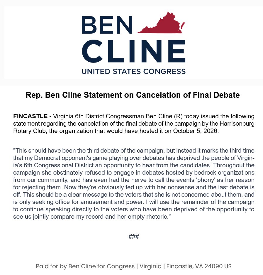 Cline4Virginia's tweet photo. What should’ve been the third debate of this campaign, instead marks the third time my opponent’s political games have deprived 6th District voters from the opportunity to hear from candidates. 

Read my full statement below ⬇️ https://t.co/bHFxWpkz78