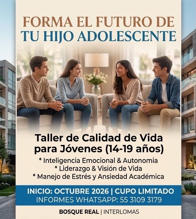 clauss731's tweet photo. En octubre 2026 inicia el Taller de Calidad de Vida para Adolescentes, diseñado para fortalecer su autoestima, manejo del estrés y habilidades sociales.
📍 Zona Bosque Real / Interlomas
⚠️ Cupo limitado
📲 Pide informes al WhatsApp 5531093179
 #BienestarJuvenil #BosqueReal https://t.co/1ELB78q251