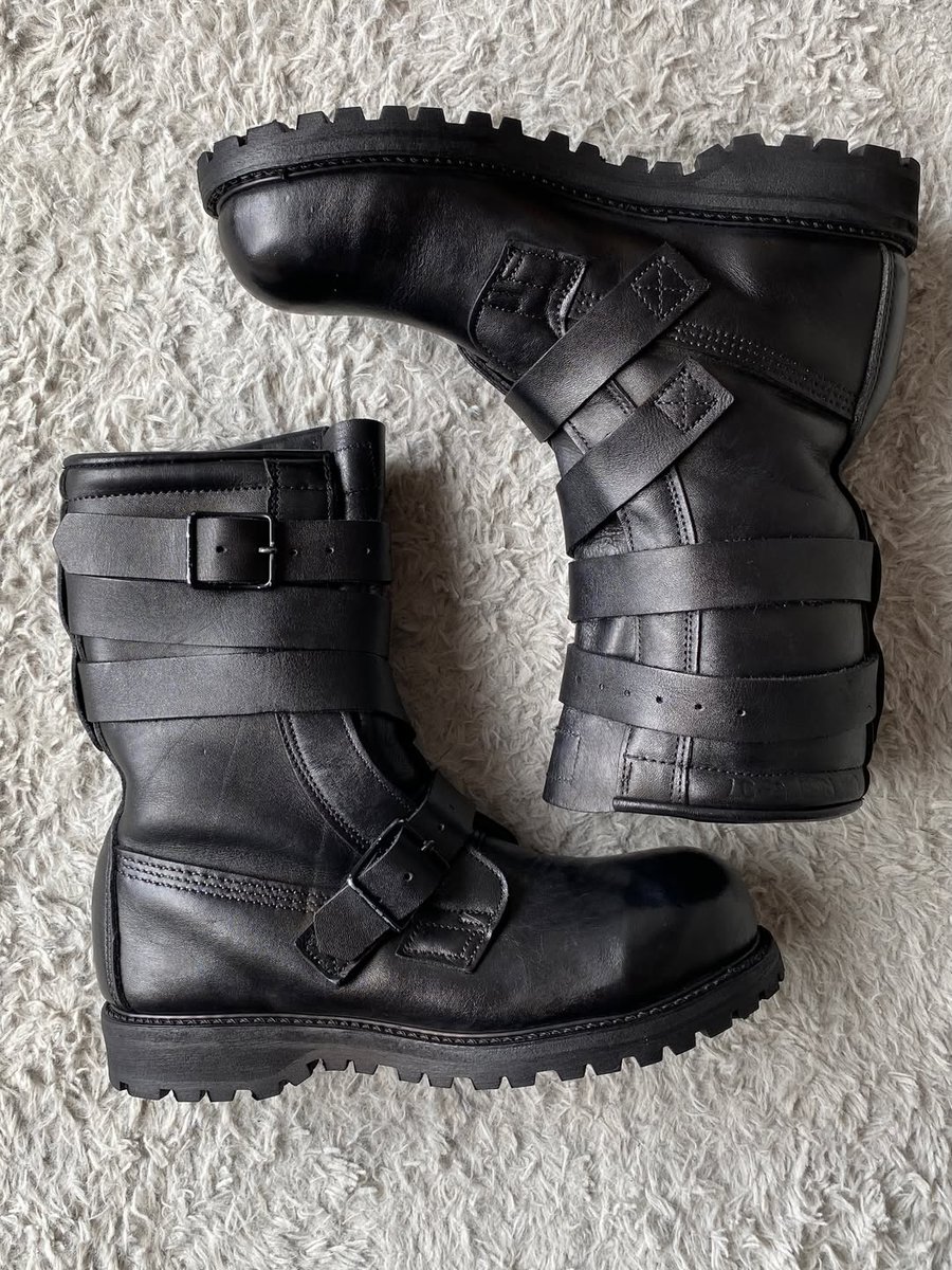 EthanMccarup's tweet photo. Available: Engineering Biker Boots. Rugged steel-toe boots with Vibram soles, multi-strap buckles, and deep lug traction. Black, sizes 41–42. Fresh condition. Price: 15k. Built tough. DM to order. https://t.co/n6BjjAC4sR