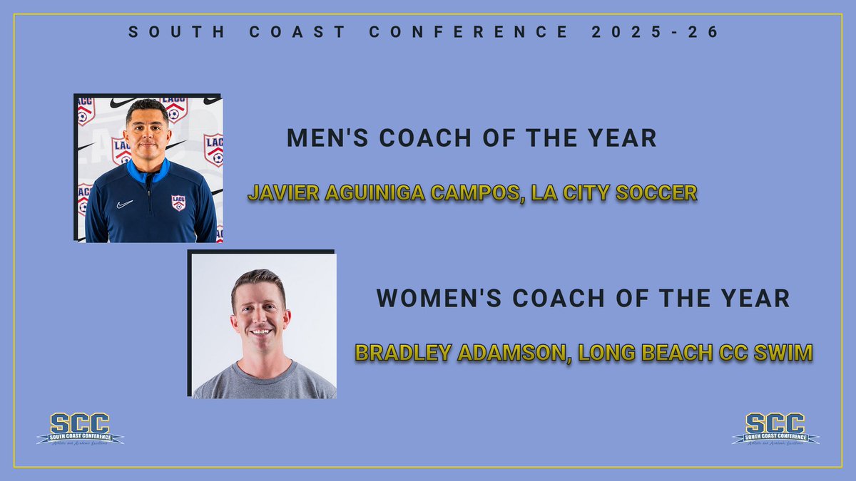 SouthCoastConf1's tweet photo. Long Beach Women's Swim Adamson, LA City Men's Soccer Campos Are 2025-26 SCC Coaches of the Year
https://t.co/B2DXculKtd
@LBCCVikingNews @laccd @LACCMensSoccer @LACityCollege @latimessports https://t.co/4F5DfysKuH