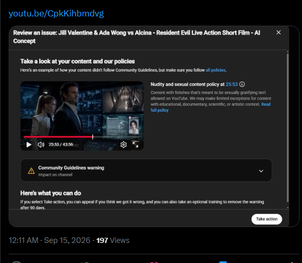 jules262626's tweet photo. @TeamYouTube I believe this was a false flag. Please review this. Can you also tell me the exact frame/scene/script issue that triggered the nudity/sexual gratification policy? I genuinely can’t identify anything in the video that fits that classification https://t.co/gBo2G3Bsm9 https://t.co/Ivjqa7gyfk