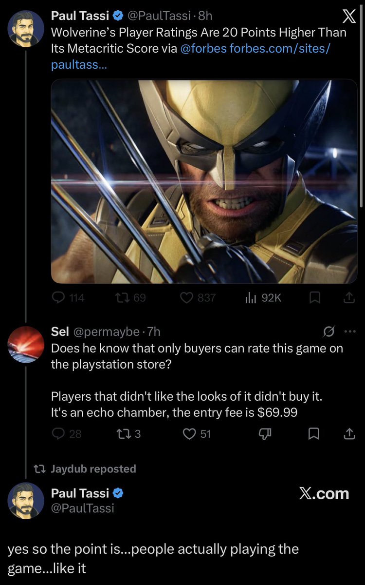 TheRedDragon's tweet photo. Here’s what happened 

PlayStation has been a punching bag for weeks on social media.  Some of it deserved.

Media lives in the echo chamber and no matter what were determined to dump on Wolverine review scores

They saw the blackout (that failed) all discourse and decided to be part of the pile on.    Cause they like to be liked.  Very shallow group of people.

That meant exaggerated issues and made up falsehoods

Now players actually have the game and realize they were full of 💩
