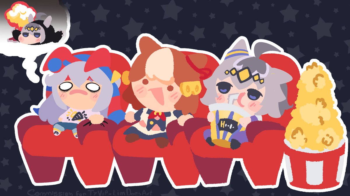 LimDoesArt's tweet photo. Oguri Cap n friends in the cinema (comm) https://t.co/8w9ZcXDY5t