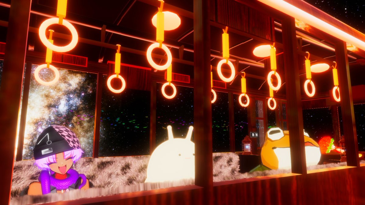 gamanohosomiti's tweet photo. 星と星を繋ぐ鉄道は
闇を抜けて光の海へ
旅人3人は星の瞬きを眺める

🌐：銀河鉄道~Charlotte's Dramatic Train 01
By Charlotte（シャル）

#VRchat
#VRchatPhotos
#Amanosuke
#SIUSIU3D
#Tumuribito https://t.co/QyzF1L4dds
