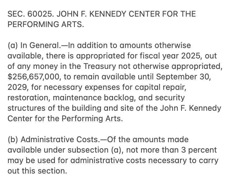 KlasfeldReports's tweet photo. Reminder

Congress appropriated $250M+ in taxpayer money last year for Trump's wish-list renovations for the Kennedy Center, inserting no language about holding the whole thing hostage if it's not a shrine to Trump.

Enough to fix a ceiling leak, surely. https://t.co/ALDdS3CA2s https://t.co/9yJ1dYJE0u