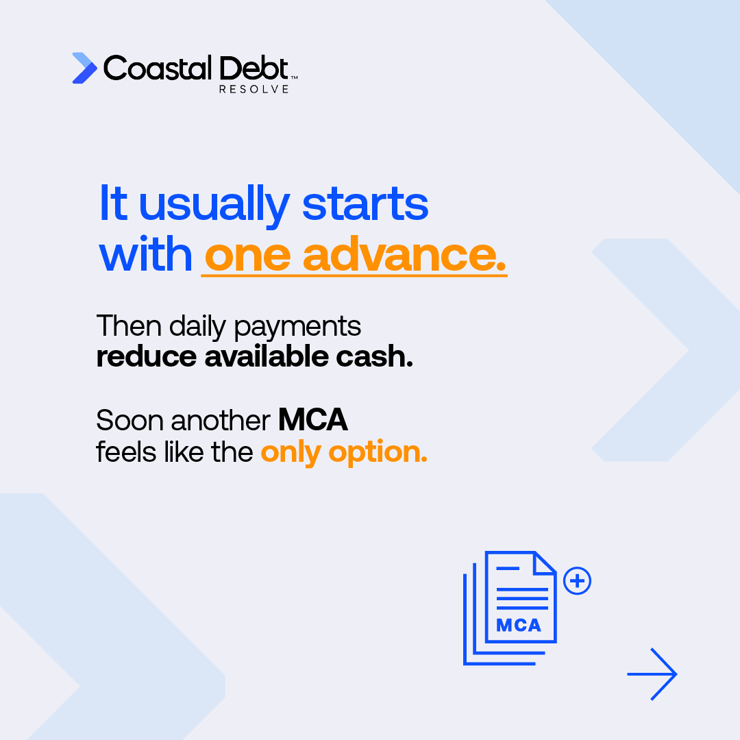 Coastal_Debt's tweet photo. One Merchant Cash Advance may solve an immediate cash flow problem. But when daily payments become difficult to manage, many business owners take out another MCA and sometimes another.

This is commonly known as MCA stacking, and it can quickly increase financial pressure, reduce working capital, and make day-to-day operations more challenging.
Learn how multiple Merchant Cash Advances affect your business and what options may be available.

Read the article:
https://t.co/DPs1NJfv2w

#MerchantCashAdvance #MCADebt #MCAStacking #BusinessDebtRelief #CashFlowManagement #SmallBusiness #BusinessFinance #WorkingCapital #CoastalDebtResolve

Coastal Debt Resolve is not a law firm and does not provide legal, financial, or professional advice. Services are provided exclusively to businesses, not consumer or personal debt relief. Debt-resolution outcomes are not guaranteed.