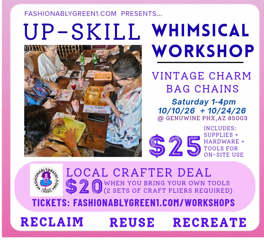 greenbuys's tweet photo. Come learn how to turn the things that normally get discarded, into something worth talking about...

Supplies, hardware + tools (on-site use).

Workshop fee $25

Bring your own crafting tools-pay only $20 (2 pliers required)

When? 10/10 + 10/24 : 1-4pm
Where? Dwtwn Phz, AZ https://t.co/ad8tg06cb3