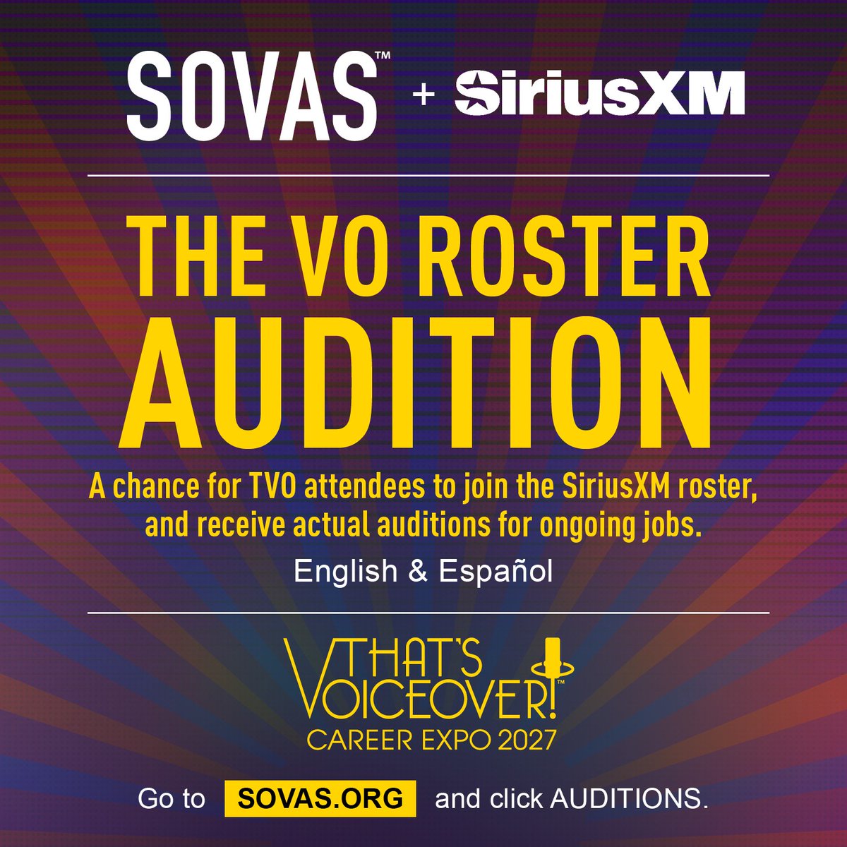 ThatsVoiceover's tweet photo. VOICE ACTORS: SIRIUSXM IS LOOKING FOR YOU.
2 VO's: 1 Englishspeaking + 1 Spanishspeaking, w/ access to paid SiriusXM jobs.
NO NEED FOR A TVO ticket to enter. If ur in the running, we’ll notify u before the event w/instructions to join the SiriusXM session.
https://t.co/AypMwEtPeq https://t.co/guHbYzkuax