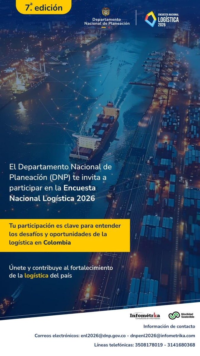 ALAICO_Col's tweet photo. 7.a Encuesta Nacional Logística 2026

Contribuye al desarrollo del sector en Colombia. Escanea el código QR, completa el registro e indica 3 fechas disponibles durante septiembre de 2026.

Información 100% confidencial y con fines estadísticos.

¡Súmate! 📦🇨🇴 https://t.co/sv7yaeymiV