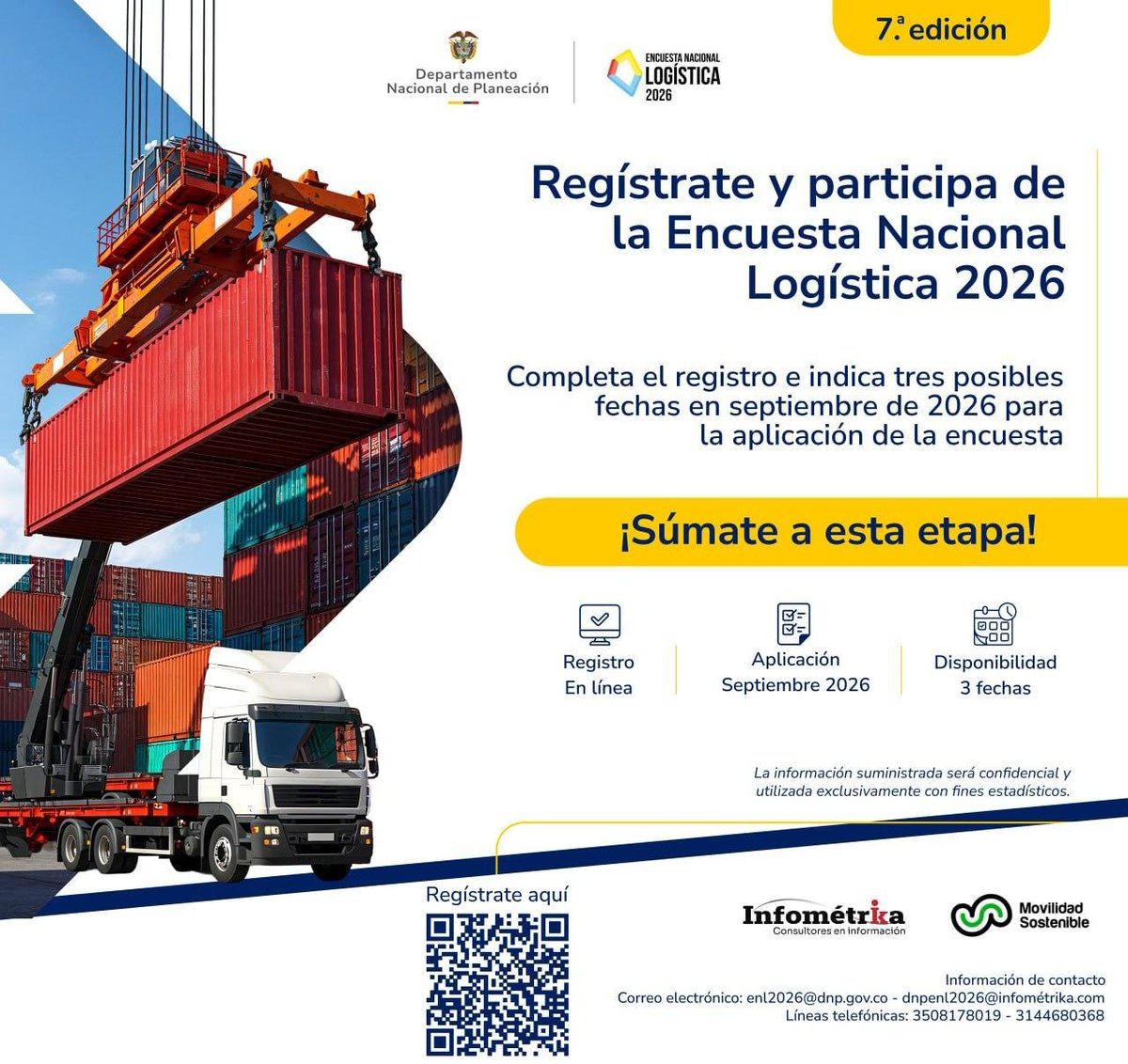 ALAICO_Col's tweet photo. 7.a Encuesta Nacional Logística 2026

Contribuye al desarrollo del sector en Colombia. Escanea el código QR, completa el registro e indica 3 fechas disponibles durante septiembre de 2026.

Información 100% confidencial y con fines estadísticos.

¡Súmate! 📦🇨🇴 https://t.co/sv7yaeymiV