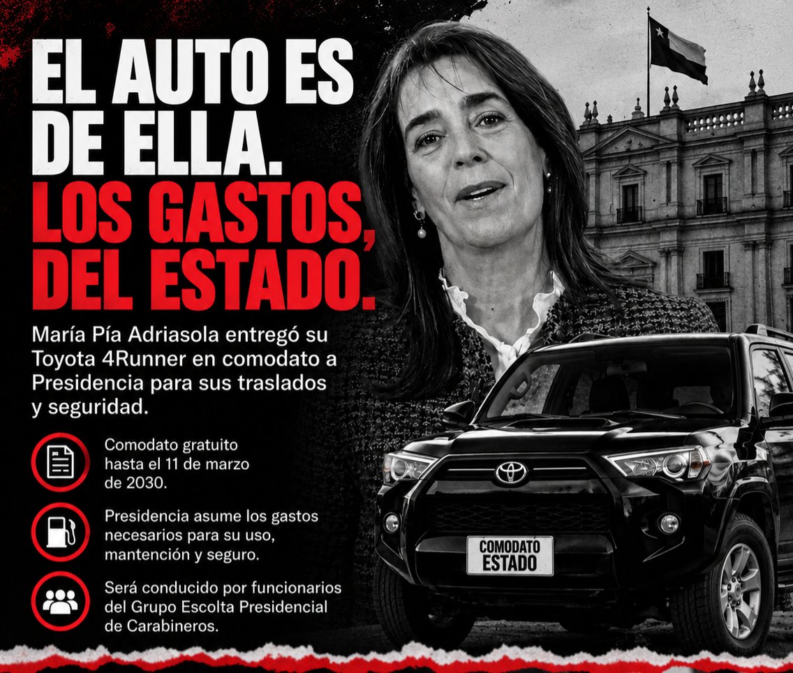 RobertoMerken's tweet photo. ¿Tacañería, austeridad o carerrajismo?

María Pía Adriasola entregó su propio auto en comodato a Presidencia para sus traslados y seguridad.

El vehículo sigue siendo suyo, pero el Estado asume los gastos necesarios para su uso, mantención y seguro.

Austeridad es cuidar los recursos públicos.

Tacañería es no querer gastar los propios.

Carerrajismo es predicar austeridad mientras la cuenta termina pagándola el Estado.

¿Qué piensan ustedes?