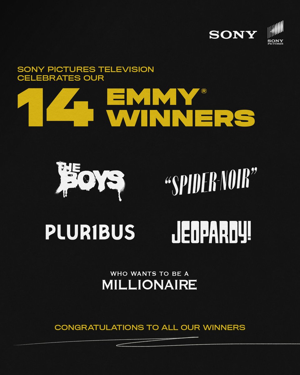 SPTV's tweet photo. Sony Pictures Television received an incredible 14 Emmy wins! Congratulations to all our phenomenal winners! https://t.co/ODzsbaAplt