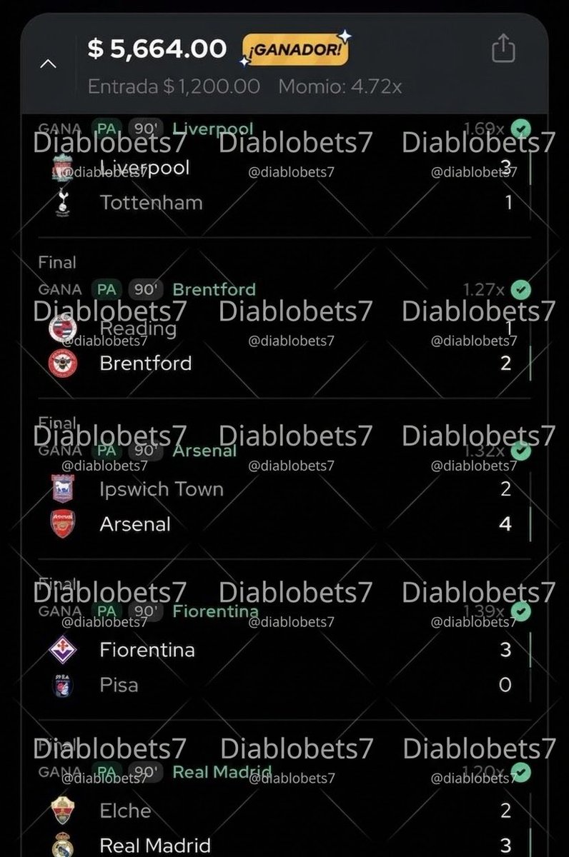 DiabloBets7's tweet photo. 👹 ¡OTRA MÁS PARA EL RÉCORD!
Un plan perfecto de 5 selecciones cobrado con autoridad.
💰¡Convertimos $1,200 en $5,664!
Liverpool ✅
Brentford ✅
Arsenal ✅
Fiorentina ✅
Real Madrid ✅
El Diablo sabe dónde poner el dinero. 👺🍀🤞🏻
#ApuestasDeportivas #ParlayGanador #DiabloBets7 https://t.co/Y9thyUMLCD