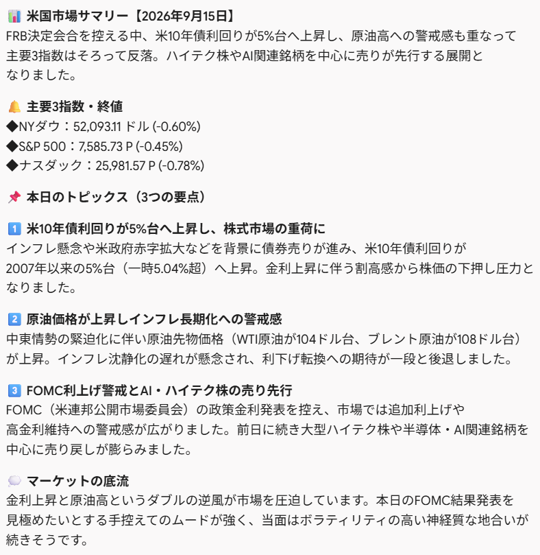 taroa1995's tweet photo. 【昨晩の米国市場サマリー】📊
 原油高と米10年債利回りの5%台上昇が重荷となり、主要3指数は揃って反落。
FOMC直前の警戒感から、ハ���テク・AI関連を中心に売りが先行する展開となりました。  
👇本日の要点3選・指数の詳細は画像へ！
#米国株 #投資初心者 #資産運用 https://t.co/Gb8Gtt5Tyi