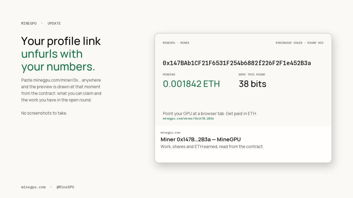 MineGPU's tweet photo. Update: your profile link unfurls with your numbers.

Paste https://t.co/4HYlFBQZjo… anywhere and the preview is drawn at that moment from the contract: what you can claim and the work you have in the open round. No screenshots to take. https://t.co/thW9b4Y4BM