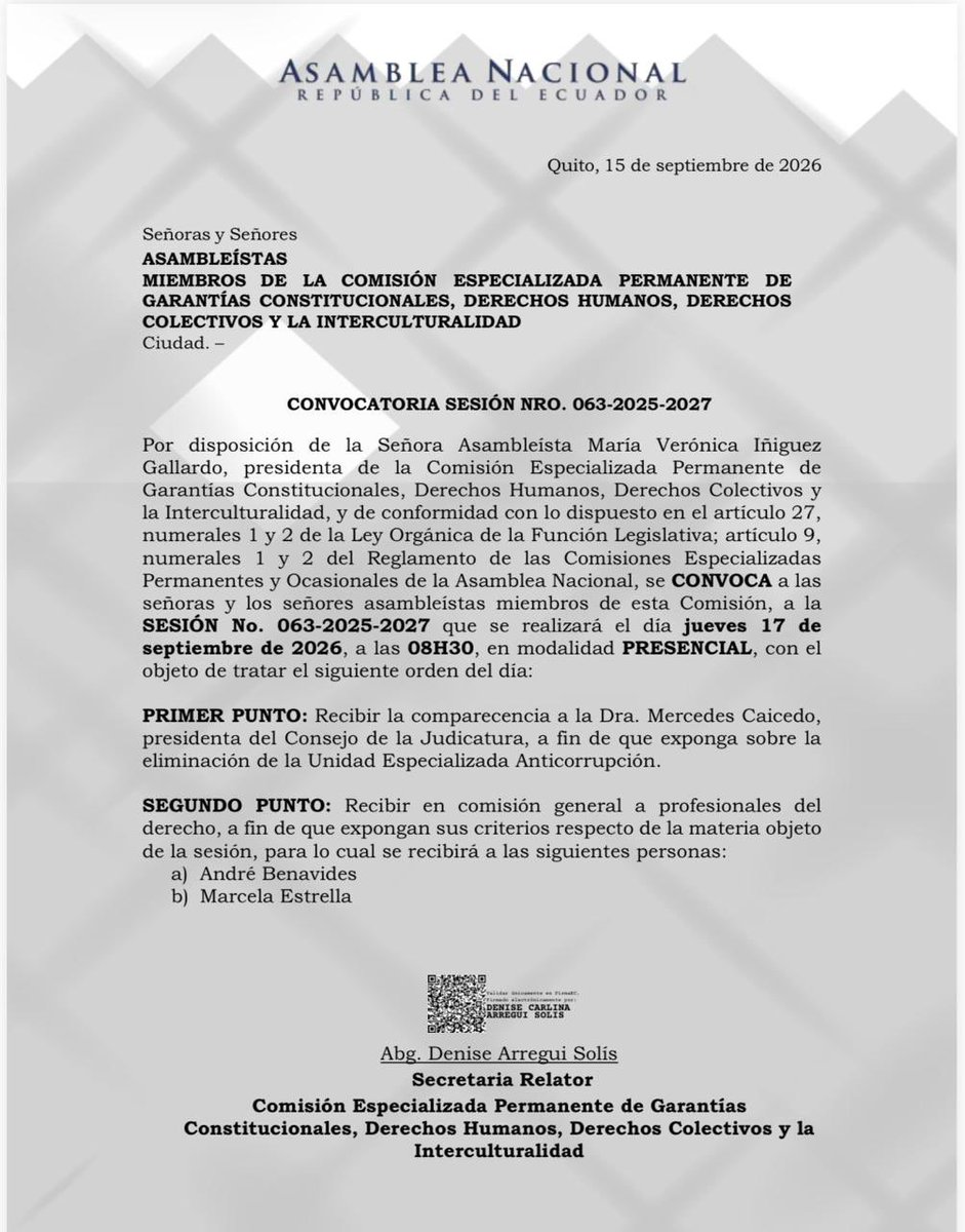 VivianaVelozEc's tweet photo. ¡NO AL DESMANTELAMIENTO DE LA JUSTICIA ESPECIALIZADA CONTRA EL CRIMEN ORGANIZADO!

La lucha contra la corrupción y el crimen organizado necesita más justicia especializada, no menos.

Mediante Memorando Nro. AN-VRRV-2026-0104-M, solicité formalmente a la presidenta de la Comisión de Garantías Constitucionales el inicio de un proceso de fiscalización a la Resolución 187-2026 del Pleno del Consejo de la Judicatura, que suprime las dependencias judiciales especializadas en estos delitos.

Esta justicia especializada fue creada por esta Asamblea Nacional mediante ley en 2020, fue respaldada por la Corte Constitucional y al país le tomó años construirla. No puede ser eliminada de un plumazo.

✅ Atendiendo este pedido, la Comisión ha convocado a la Dra. Mercedes Caicedo, presidenta del Consejo de la Judicatura, para este jueves 17 de septiembre a las 08H30, a fin de que comparezca y rinda cuentas al país sobre esta grave decisión.