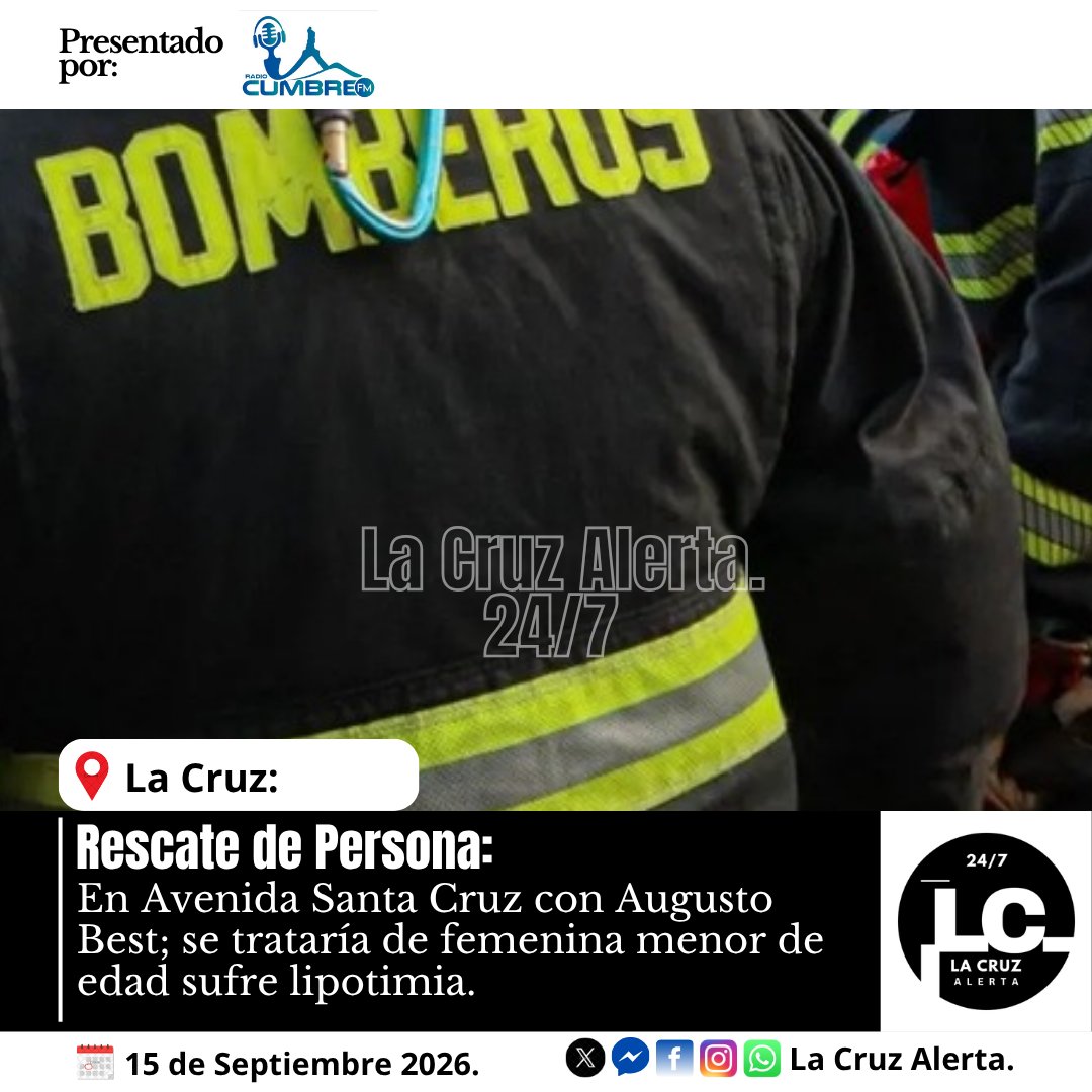 LA_CRUZ_ALERTA's tweet photo. #LACRUZ: Central de Telecomunicaciones de Bomberos despachó la Unidad CR-1 a un Clave 10-3 (Rescate de Persona) a la Avenida Santa Cruz con Augusto Best; preliminar se informa de femenina menor de edad sufre lipotimia, se solicita personal de SAMU Base Quillota al lugar. https://t.co/lr5qSk8blv