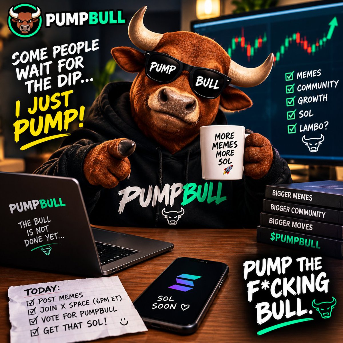 MinatAbkr's tweet photo. The bull isn’t waiting for the dip… he’s waiting for MORE MEMES. 🐂

PUMP THE F*CKING BULL. 

@PUMPBULL
#PUMPBULL #SOL

@PumptheBull https://t.co/Mr2FejVScL
