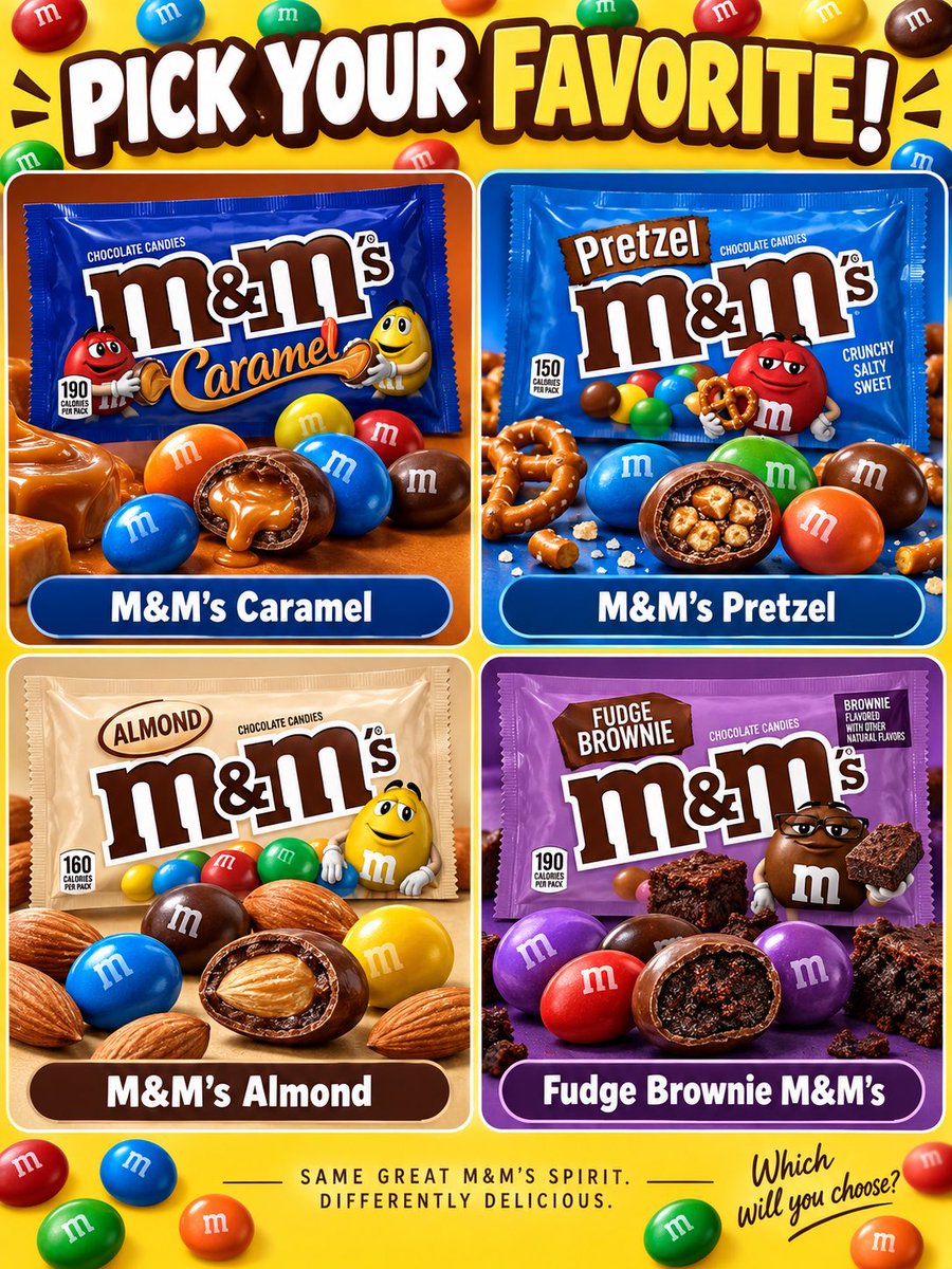 happycandyking's tweet photo. Which M&amp;M’s flavor gets your vote? 🍫

Pick Your Favorite:
M&amp;M’s Caramel
M&amp;M’s Pretzel
M&amp;M’s Almond
Fudge Brownie M&amp;M’s

Comment your pick below! 👇 Which one would you grab first?

#MMs #CandyLover #PickYourFavorite #ChocolateCandy #SweetTreats https://t.co/3KJkLrCSo5