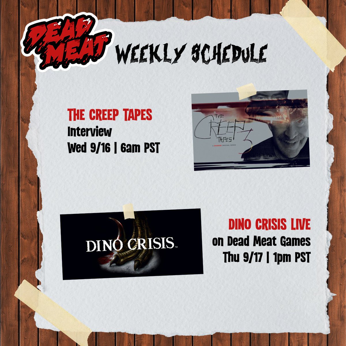 deadmeatjames's tweet photo. This Wednesday watch James &amp; Chelsea interview Mark Duplass and Patrick Brice following their screening of The Creep Tapes 3!  

Then on Thursday join Zoran on Dead Meat Games as he continues his live playthrough of Dino Crisis at 1pm PST! https://t.co/3eySbQcpjS