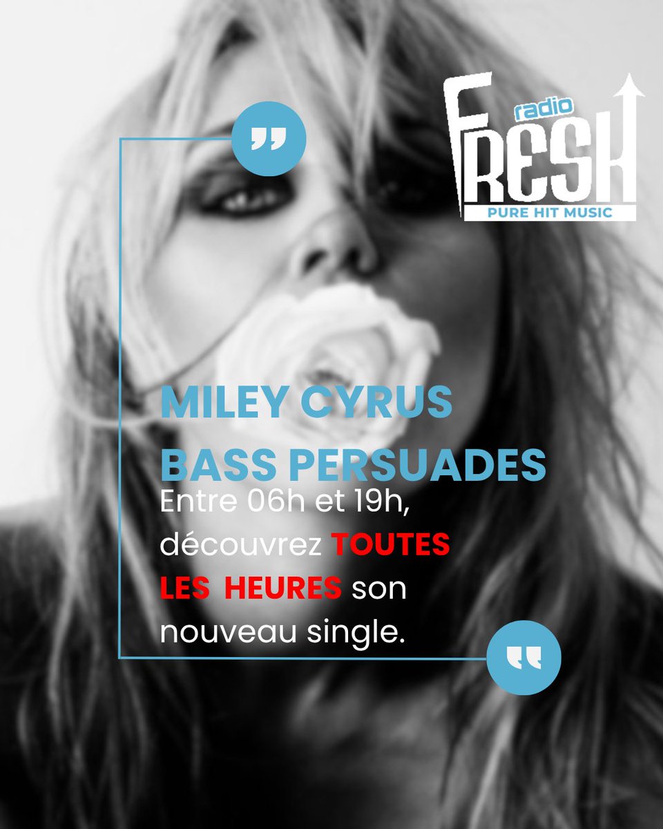FreshOnRadio's tweet photo. Ça vient de sortir et c'est DÉJÀ sur #RadioFresh !

Ce mercredi entre 06h et 19h, découvrez le Nouveau @miley  "Bass Persuades" toutes les heures !

📻 Pour nous écouter : https://t.co/BeIVdYh0kY et sur les annuaires radios !

#nouveauté #playlist #purehitmusic #webradio https://t.co/bwCz33ymt8