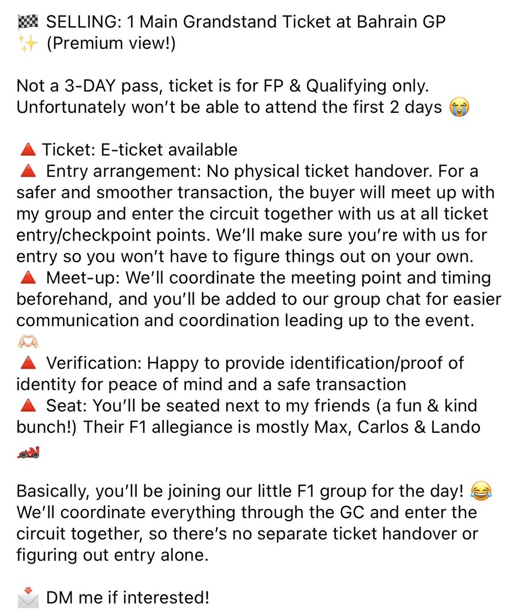 IBBTTY's tweet photo. 🏁 SELLING: 1 Main Grandstand Ticket at Bahrain GP
✨ (Premium view!) 

Not a 3-DAY pass, ticket is for FP &amp; Qualifying only. Unfortunately won’t be able to attend the first 2 days 😭 https://t.co/DlO7ZUdjlk