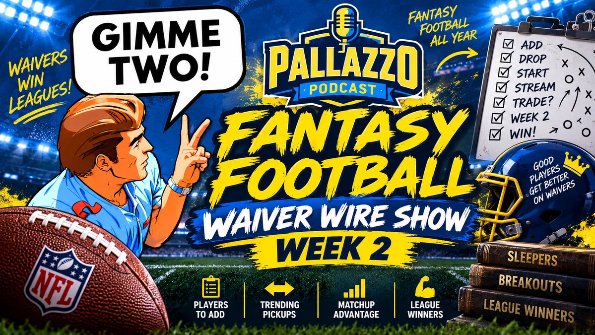 Pallazzopodcast's tweet photo. Doors open at 7:30PM EST LIVE on YouTube! It's time to talk #FantasyFootball waiver wire adds. Join @_MikeVA &amp; @mjgovier in the live chat where you can ask anything that comes to mind! #Gimme2 #NFL #Week2 

https://t.co/uQpdNZOrGs https://t.co/FZDcaDv4Ko