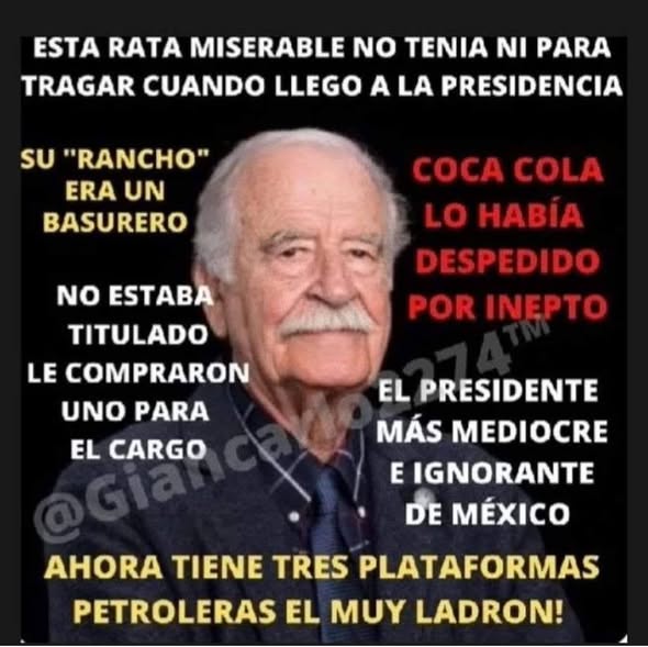 gloriamoretti6's tweet photo. @VicenteFoxQue sin verguenza parásito ya deja de ladrar arrastrado. no  te queda dar el gritó eso es de los mexicanos y  tu eres un miserable vende patrias. ya callate ten tantita madre y haste a la verdolaga vende patrias decrépito https://t.co/groUe8pBUs