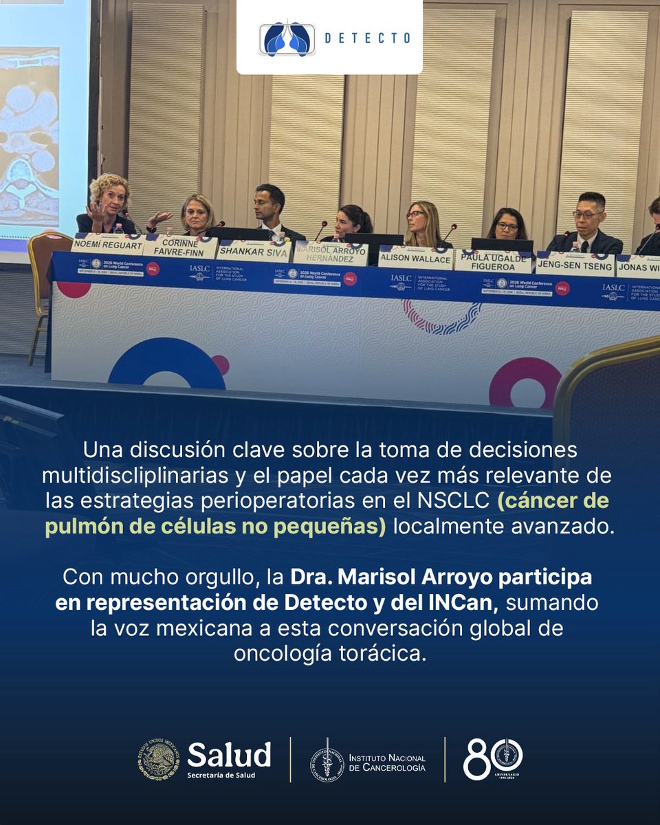 detectoincan's tweet photo. Presentes en el #WCLC 2026 (Congreso Mundial de Cáncer de Pulmón), Seúl, Corea del Sur 🇰🇷
La Dra. Marisol Arroyo, Neumólogo participó en el panel de debate sobre conversión de tumores borderline resecables a resecables en NSCLC, en colaboración con el #INCan.
#INCan #WCLC26 https://t.co/iwTPImySjC