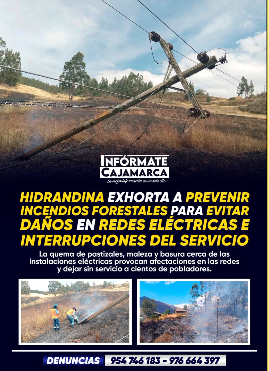 InformateCaj's tweet photo. HIDRANDINA EXHORTA A PREVENIR INCENDIOS FORESTALES PARA EVITAR DAÑOS EN REDES ELÉCTRICAS E INTERRUPCIONES DEL SERVICIO

• La quema de pastizales, maleza y basura cerca de las instalaciones eléctricas provocan afectaciones en las redes y dejar sin servicio a cientos de pobladores https://t.co/oYqecPDyqk