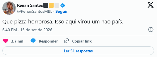 Metropoles's tweet photo. ➡️ Renan Santos critica sessão do STF sobre Moraes: "Que pizza horrorosa"

Candidato do Missão reagiu no X após STF manter separadas as análises sobre Moraes e Mendonça e suspender julgamento com pedido de vista https://t.co/7zBfSJvLnc