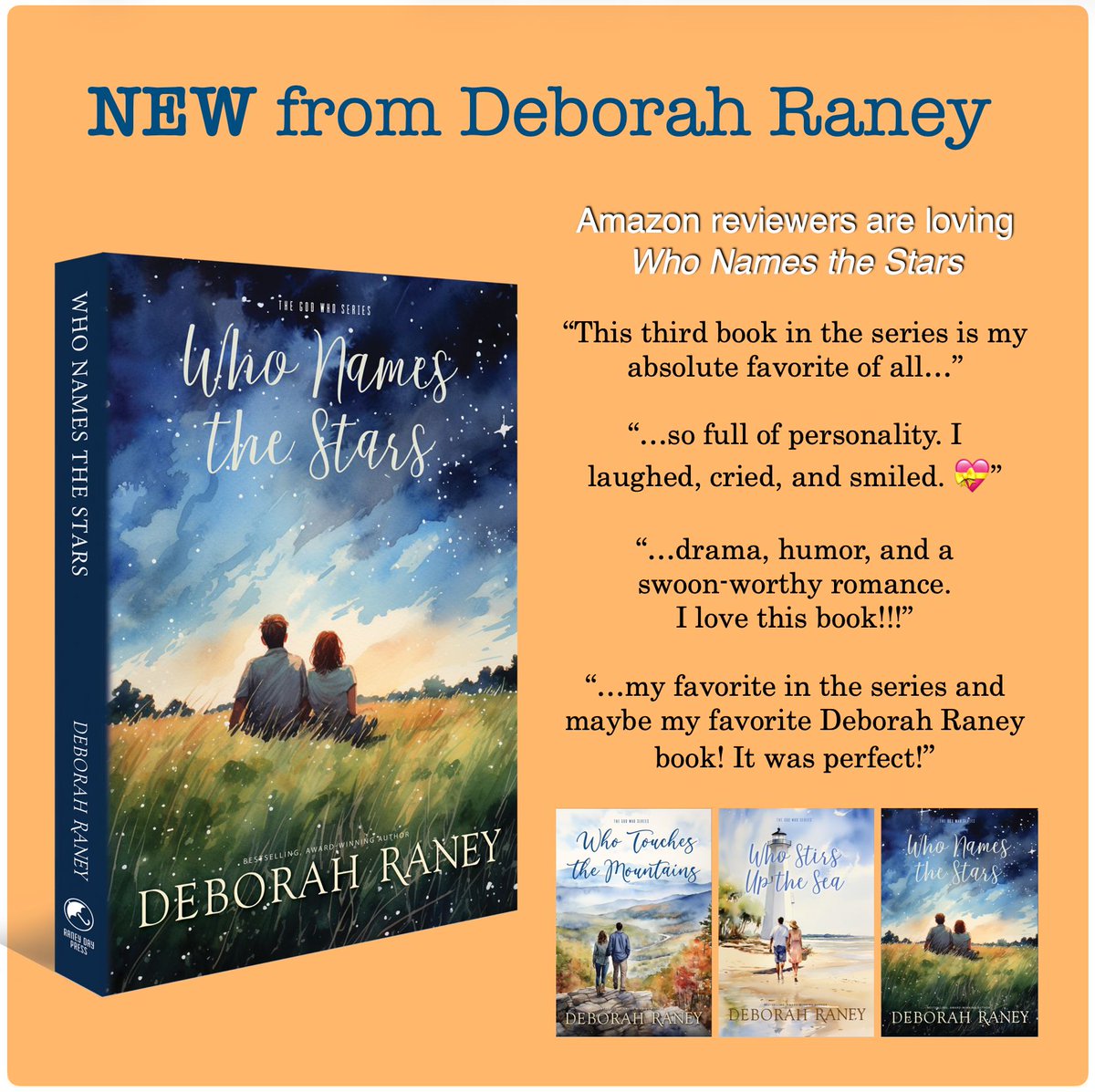 nancynaigle's tweet photo. A brand new novel from my writer friend, Deborah Raney!
WHO NAMES THE STARS is third in The God Who series.
Grab your copy here: https://t.co/LuS7PhfpmW
Or get all 3 titles here: https://t.co/mWljjof3J6 Great end-of-summer reads! @AuthorDebRaney #cleanread #ChristianRomance https://t.co/gfSErCDOA2