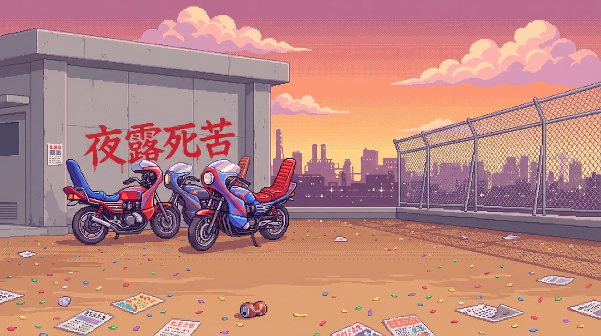 letmebecool_dev's tweet photo. Raiya Mikazuchi’s Stage — Rooftop ⚡
 聖・テーカン学園 屋上 (32-bit mockup)
• R1: Festival Prep ☀️ 
• R2: Bosozoku Sunset 🌇 
• Final: Midnight Storm ⚡🌧️
Which mood are you picking? 🕹️
#pixelart #ドット絵 #FGCArt #retrodev #indiedev https://t.co/hLwGurTWJE