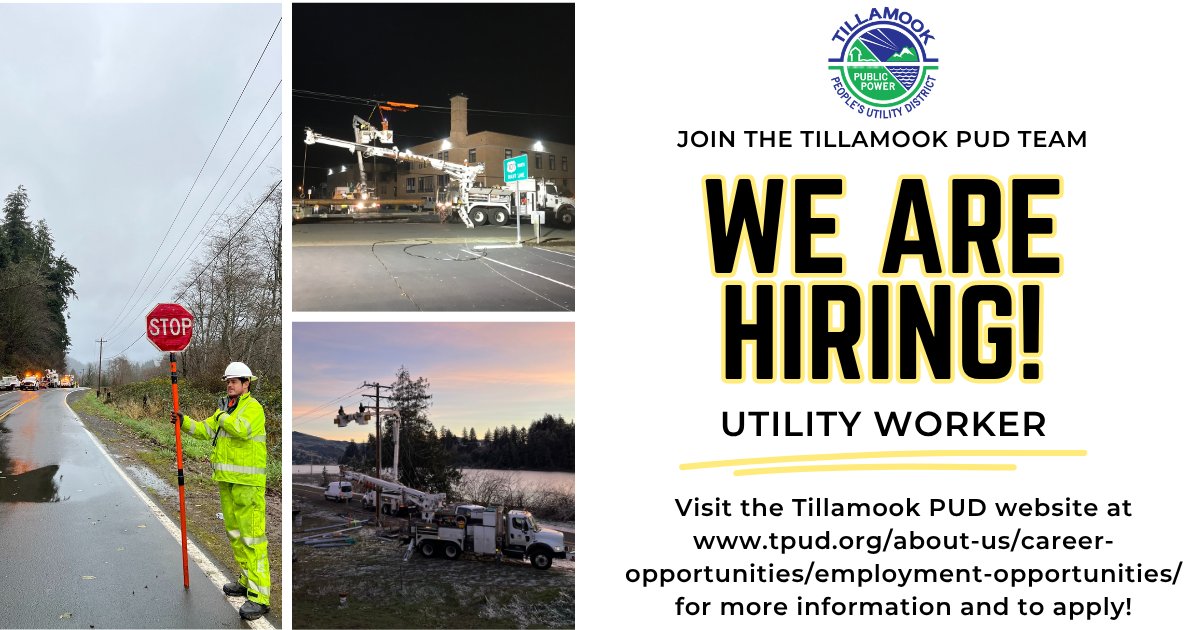 TillamookPud's tweet photo. We’re hiring! Tillamook PUD is looking for a Utility Worker to join our team. Applications are due Monday, September 21, 2026, at 5:30 p.m. For more information and to apply, visit https://t.co/j38pfrAIMc https://t.co/qI7Znx8dck