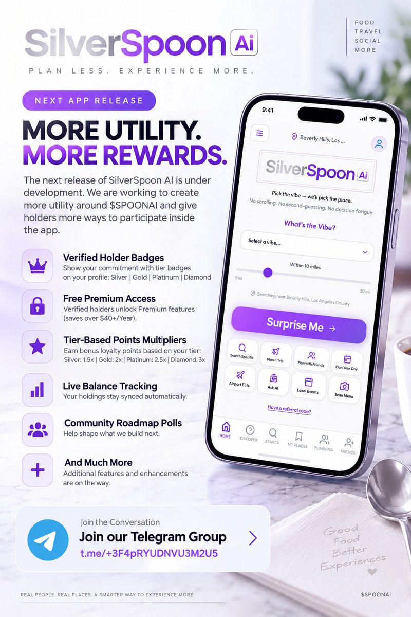 silverspoonai's tweet photo. The next release of SilverSpoon AI is under development. 

We are working to create more utility around solana:3nyAYJW3jQXrE3QjfjRQXuEuFV58Bu59j6jdjhZvpump and give holders more ways to participate inside the app.

Coming in the next release:
• Verified holder badges
• Free Premium access for verified holders (saves over $40+/Year)
• Tier-based points multipliers
• Live balance tracking
• Community roadmap polls
• and much more. 

Link to join our telegram group: https://t.co/g35e3dCtGA

 Link to download the mobile app: https://t.co/Z0WgvekfIN