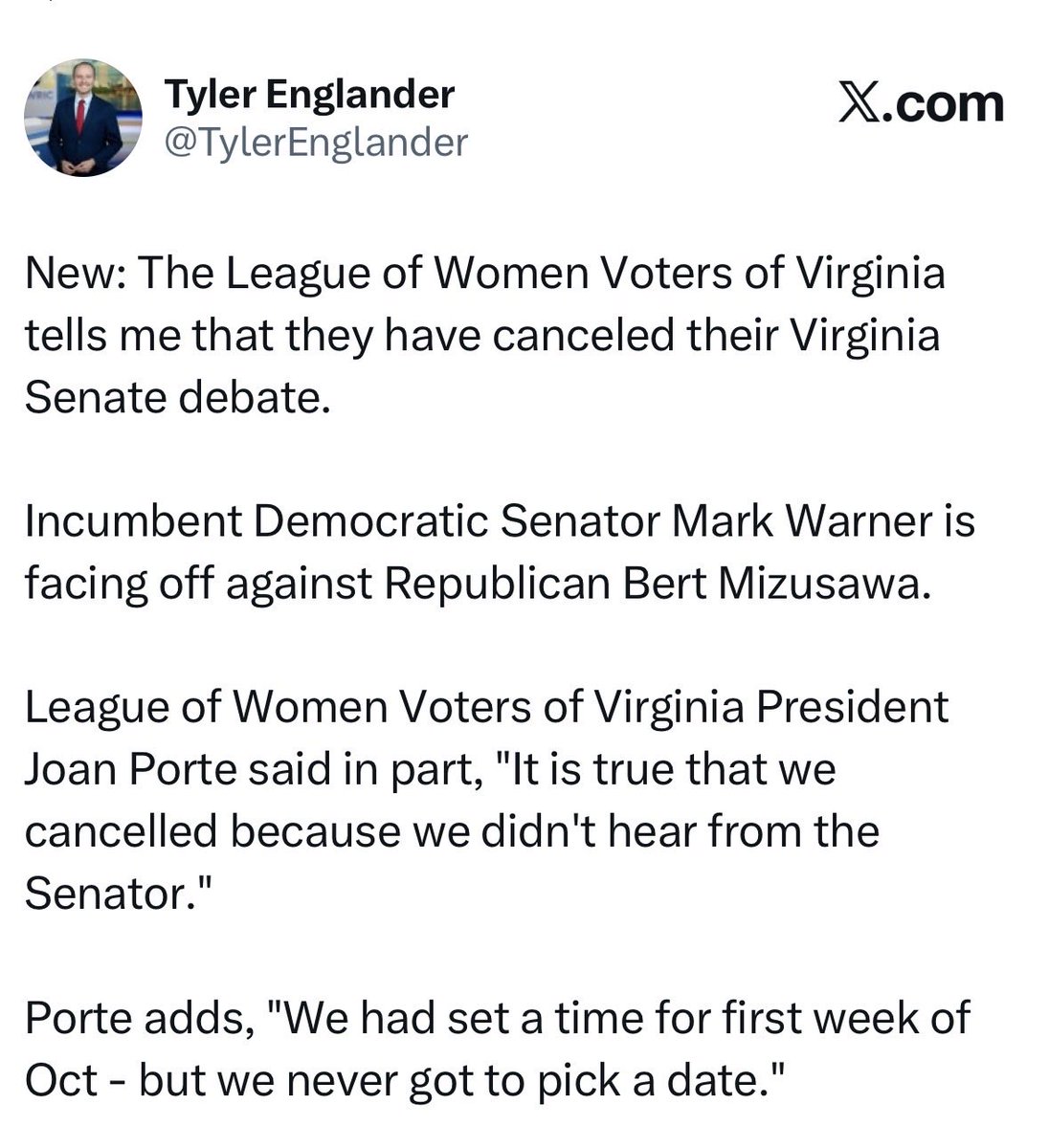 ROOZVA's tweet photo. Warner’s refusal to debate might be the most disqualifying thing about him. 

It’s bad enough to run on not being a career politician 30 years ago and STILL be in office. (He promised to serve “no more than 2 terms” & is now running for a FOURTH term!) 

But it’s just downright insulting to not think that you even have to show up to debate.
