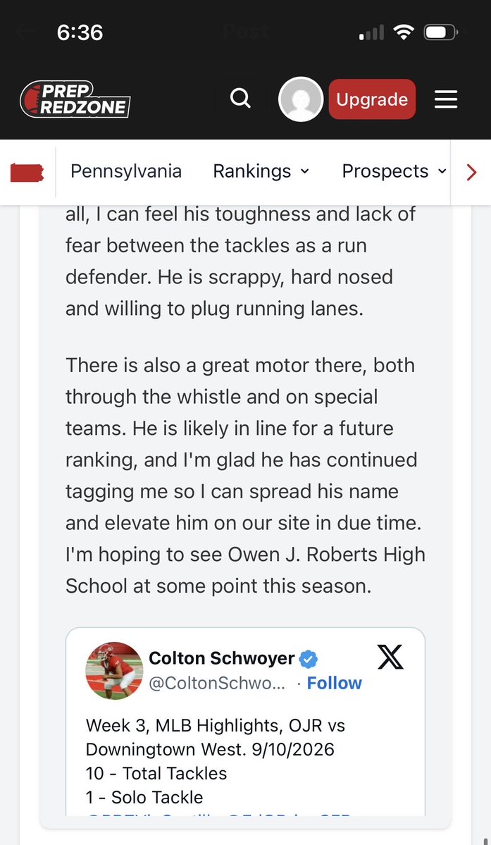 ColtonSchwoyer's tweet photo. Thank you @PRZVicCastillo for the write up.  Looking forward to having you out to Owen J Roberts for a live game.
@PrepRedzonePA https://t.co/FkBtHE7aOk
