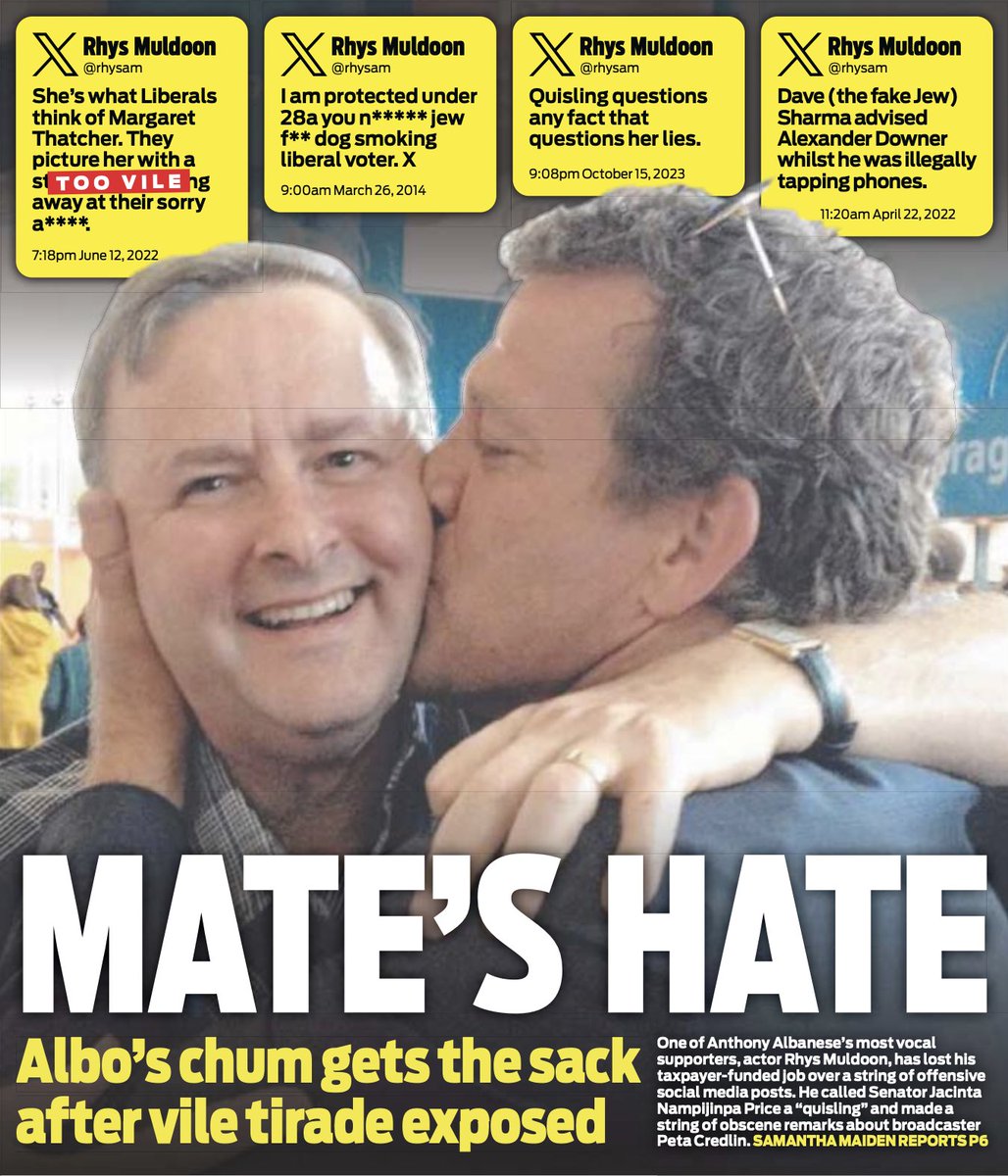 SenatorCash's tweet photo. Front page of The Daily Telegraph this morning.

This man is the Prime Minister's mate. He tweeted the n-word, told a stranger to "just die", and called colleagues of mine "the fake Jew" and a “quisling”.

This is the company Anthony Albanese keeps.

Australians deserve so much better than this Prime Minister.