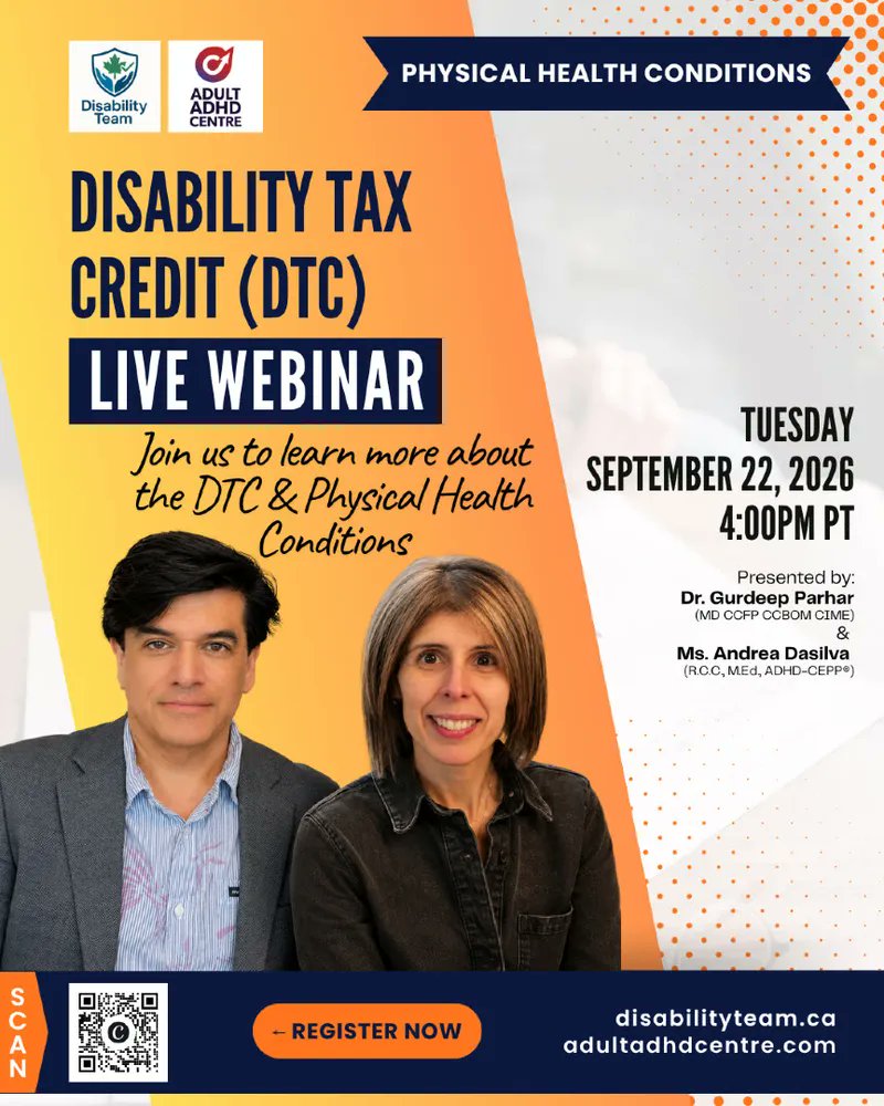 AdultADHDCenter's tweet photo. Join Dr. Gurdeep Parhar and Ms. Andrea Dasilva for a free live webinar exploring the Disability Tax Credit (DTC) for physical health conditions.  

Learn more and register: https://t.co/6gBlaXxAOn https://t.co/I6dRnUz5YB