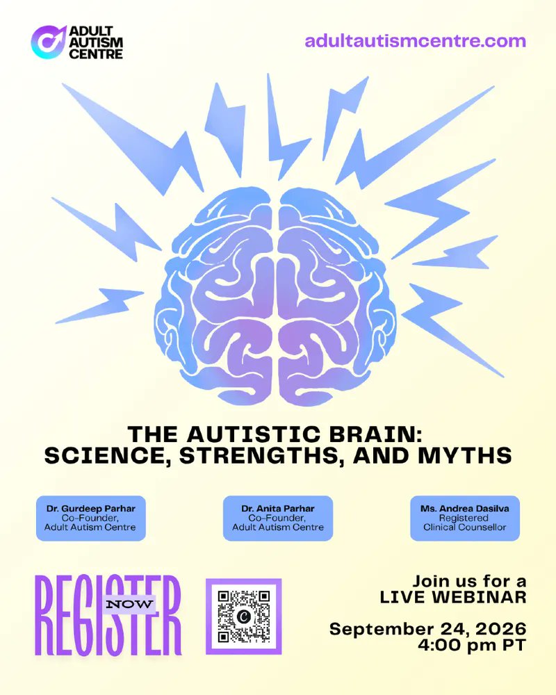 AdultAutismCntr's tweet photo. Join Dr. Gurdeep Parhar, Dr. Anita Parhar, and Ms. Andrea Dasilva for a free live webinar exploring the science, strengths, and common myths surrounding the autistic brain.  

Learn more and register: https://t.co/XvKE7HtFDU https://t.co/6aSUtP78Hl