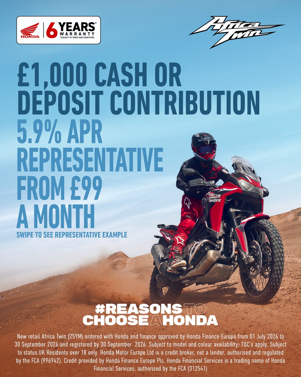 GarthKempkens's tweet photo. Adventure awaits with the Honda CRF1100L Africa Twin. Built for every road and trail, with smooth power, low-down torque and outstanding comfort. Ride away from £99 per month at 5. 9% APR Representative. Contact us today. https://t.co/Cb068a7Q3K