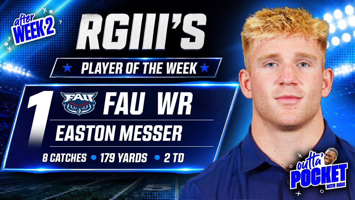 RGIII's tweet photo. My College Football Players of the Week

FAU QB Caden Veltkamp 27/32 386 yards 5 passing TDS @FAUFootball 

and…

FAU WR Easton Messer 8 catches 179 yards 2 TDS @FAUFootball https://t.co/lXngNp6zfM