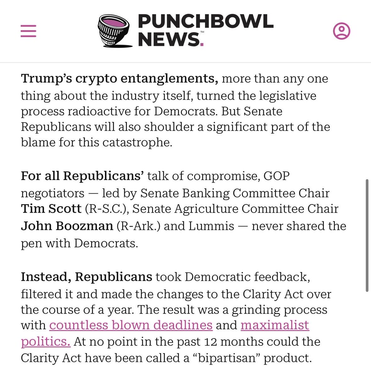 BrendanPedersen's tweet photo. Tonight, I wrote about the structural process problems that dragged down the Clarity Act for months. 

Republicans never agreed to a bipartisan drafting process for the Clarity Act. They probably should have, esp as they lost control of GOP bank allies. Democrats had leverage. https://t.co/vGAf7Uqe2U