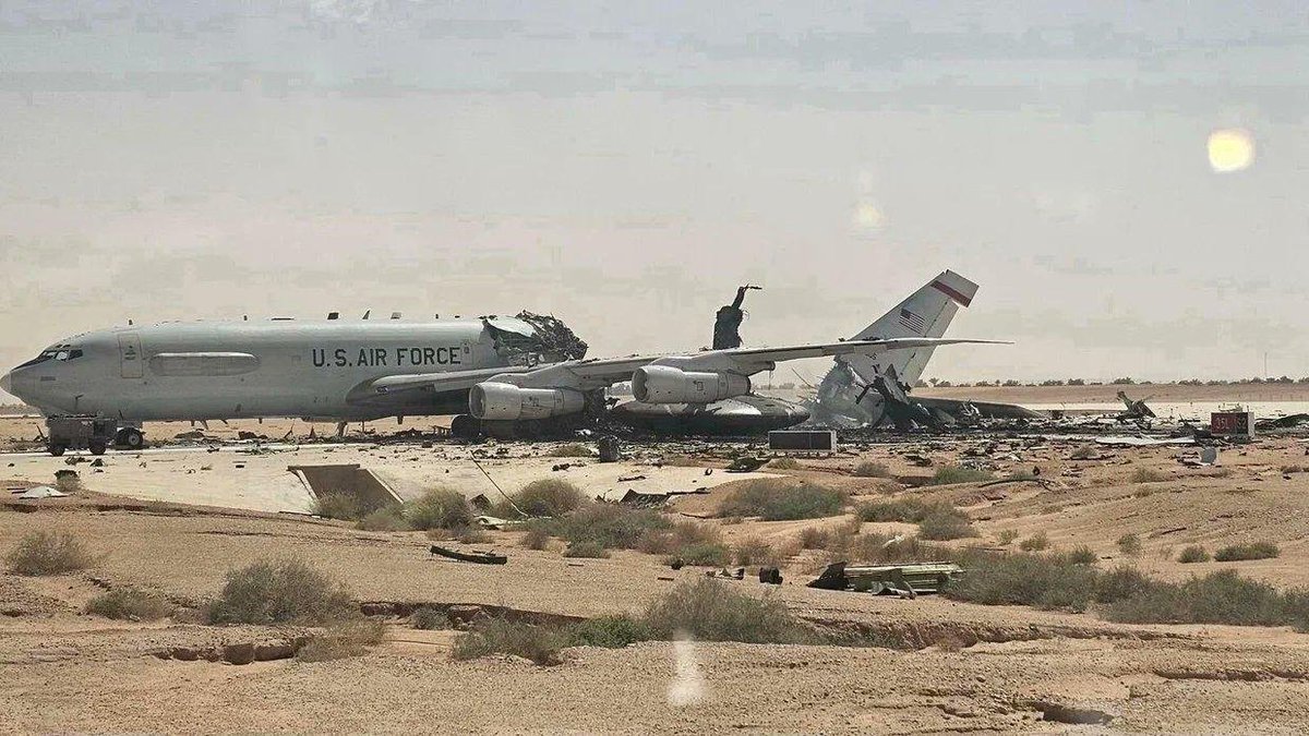 PresstvExtra's tweet photo. 🎥 CBS News photos show extensive damage at US military bases in Saudi Arabia and Kuwait following Iranian retaliatory missile and drone strikes, including a damaged E-3 Sentry aircraft and destroyed vehicles and buildings. https://t.co/KX9hJ7FgpD